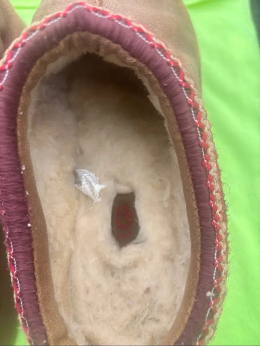 UGG Brown Suede Mule Slippers with Burgundy Trim - Picture 9 of 13